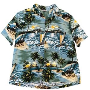 RON JON Men's Hawaiian Button Up Shirt XL Ocean/Palm Tree Image‎ 100% Cotton